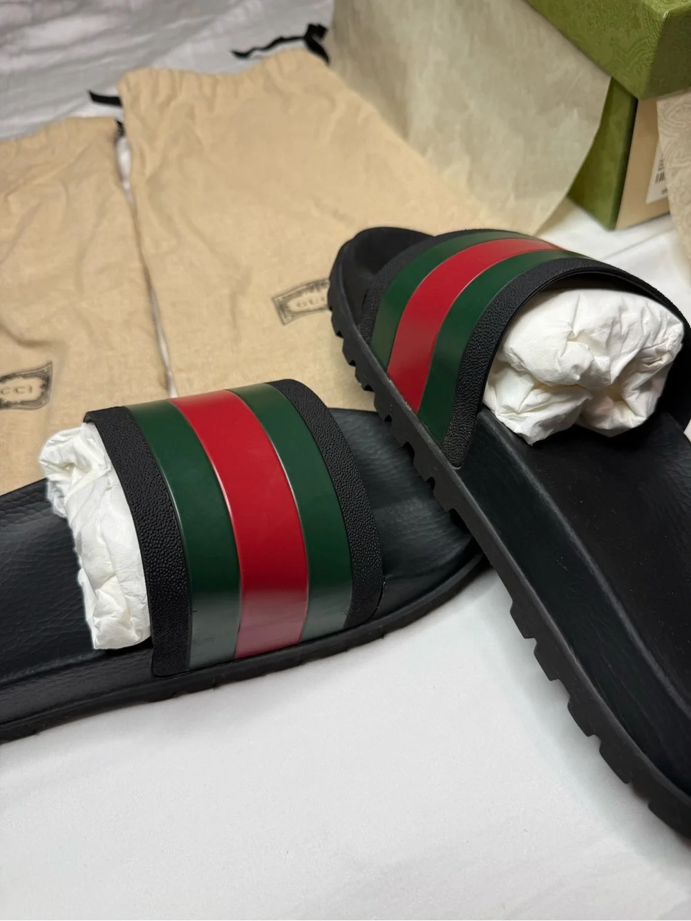 Gucci Black Slides with Green & Red Web Stripes